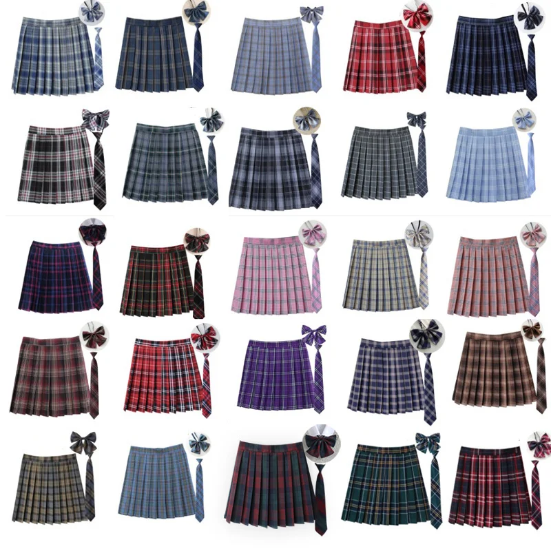 Women's Pleated Plaid Skirts Mini Tennis Skirt Harajuku JK with Neck Bowtie and Tie High Waist Japan Uniform Short Skirt,41-43cm