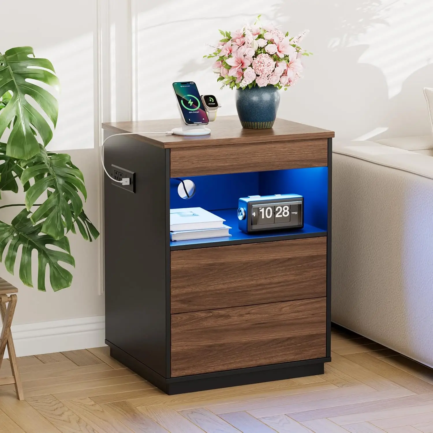 Locking Nightstand Hidden Compartment USB Type-C LED Bedside Bedroom Rustic Brown Customized