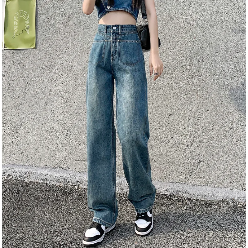 Blue Jeans Women American Wide Leg Pants Loose Fashion High Waisted Street Temperament Vintage Female Bottoms Summer Trousers