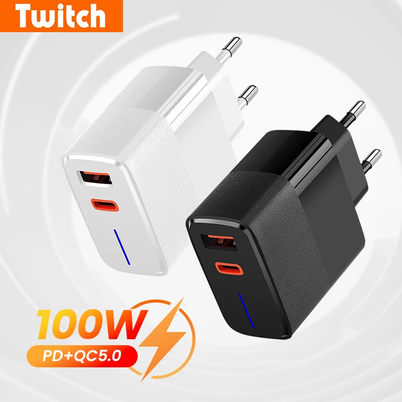 Image of 100W USB-Ladegerät, schnelles Laden, 2 Anschlüsse, PD QC3.0 Typ-C-Ladegerät, Quick Charge 3.0, Telefonladegerät-Adapter für iPhone, Samsung, Huawei