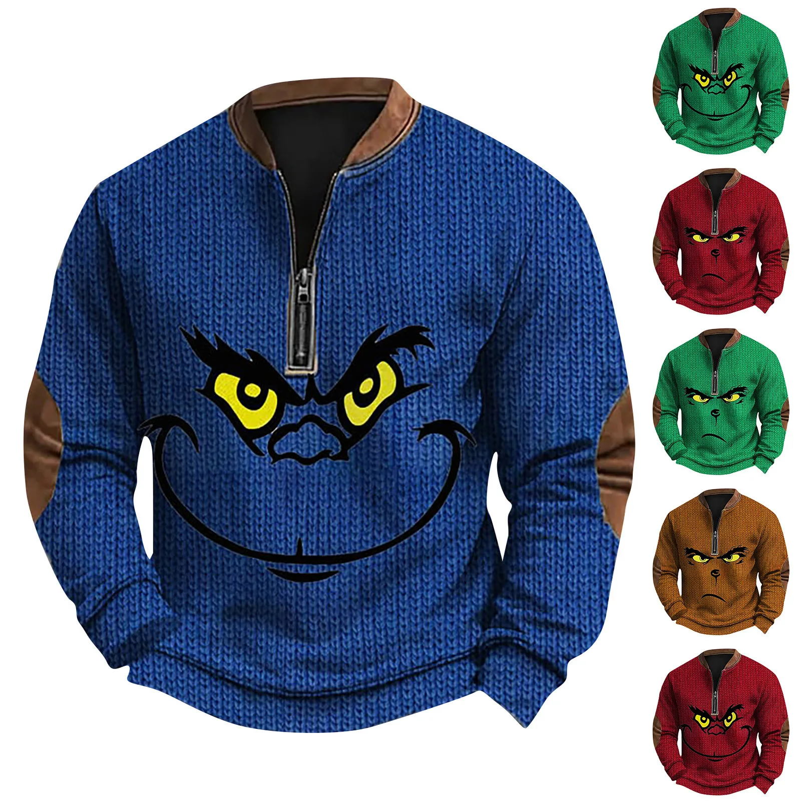 Hot Christmas Grinch Sweatshirt Men\'s Retro Casual Gradient Printed Sweatshirt How Th Xmas Grinch Top 1/4 Zip Pullover Mens