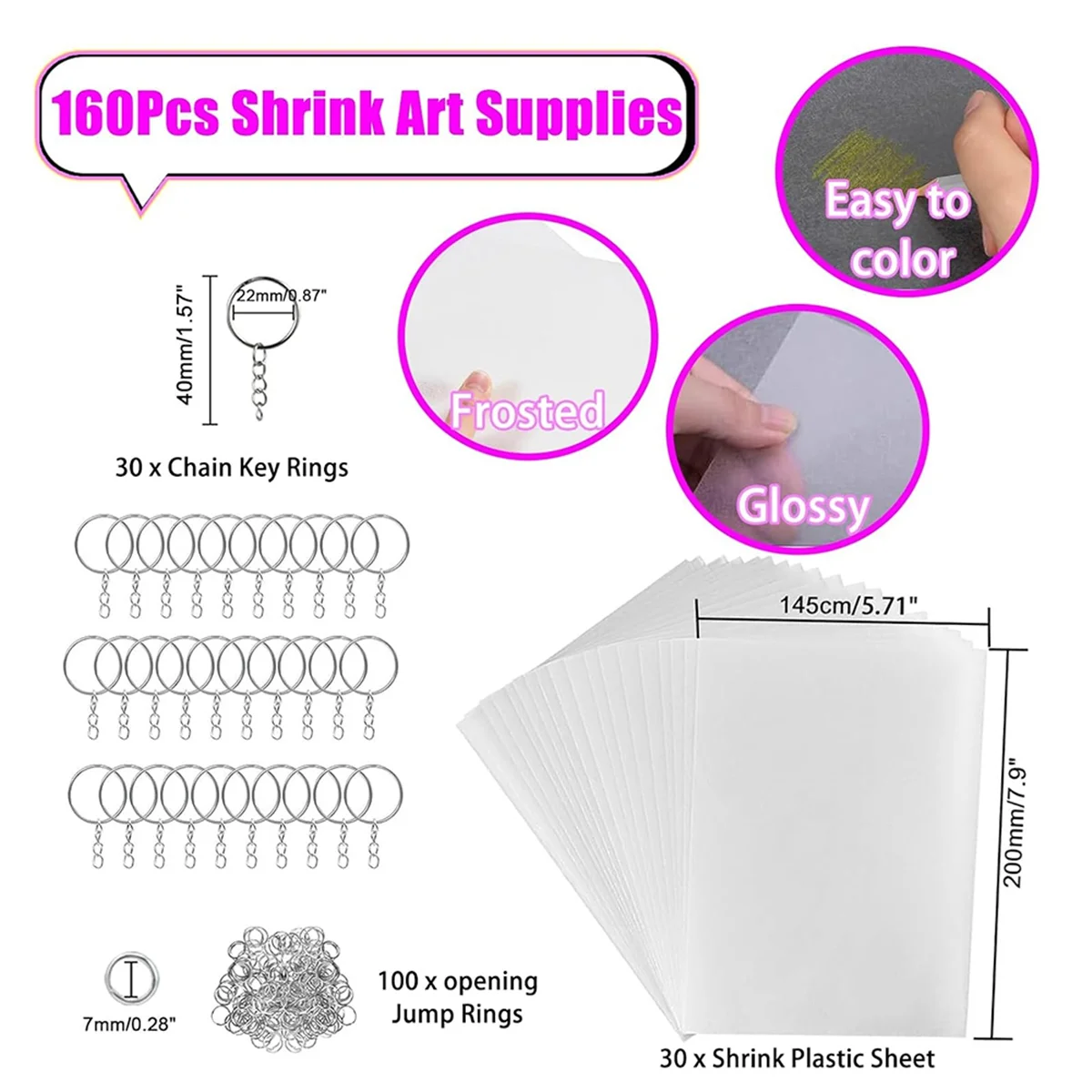 Shrink Plastic Sheets Kit para crianças, folhas de papel e chaveiros, fazendo acessórios, artesanato DIY, 7.9x7.7 Polegada, 160pcs