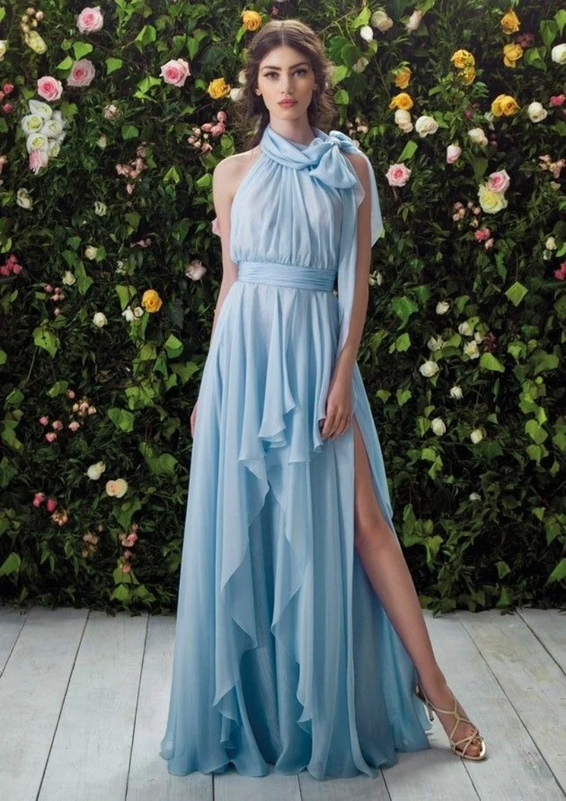 Customized Long Light Blue Halter Neck Evening Dresses A-Line Chiffon Backless Ruffles Floor Length Zipper Prom Dress for Women