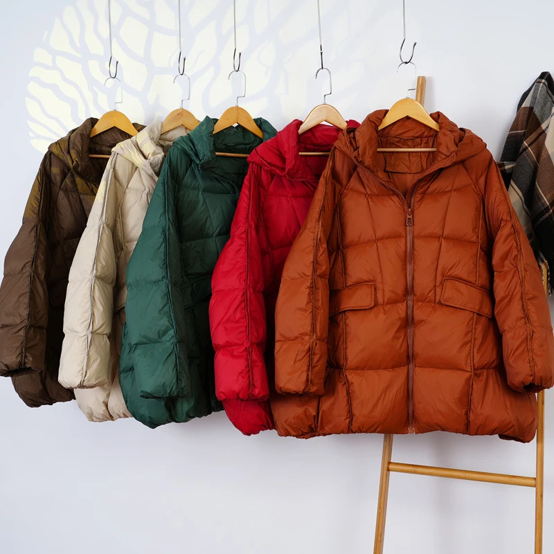 Schinteon Women White Duck Down Jacket with Hood Autumn Winter Warm Outwear Casual Loose Over Size Outwear Korean Style Coat New