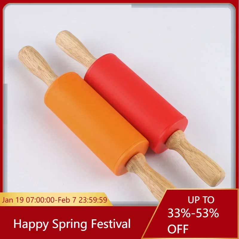 Non-Stick Silicone Rolling Pin Wooden Handle Pastry Dough Flour Roller Kitchen Cooking Baking Tool for Dumpling Cookie Cakes