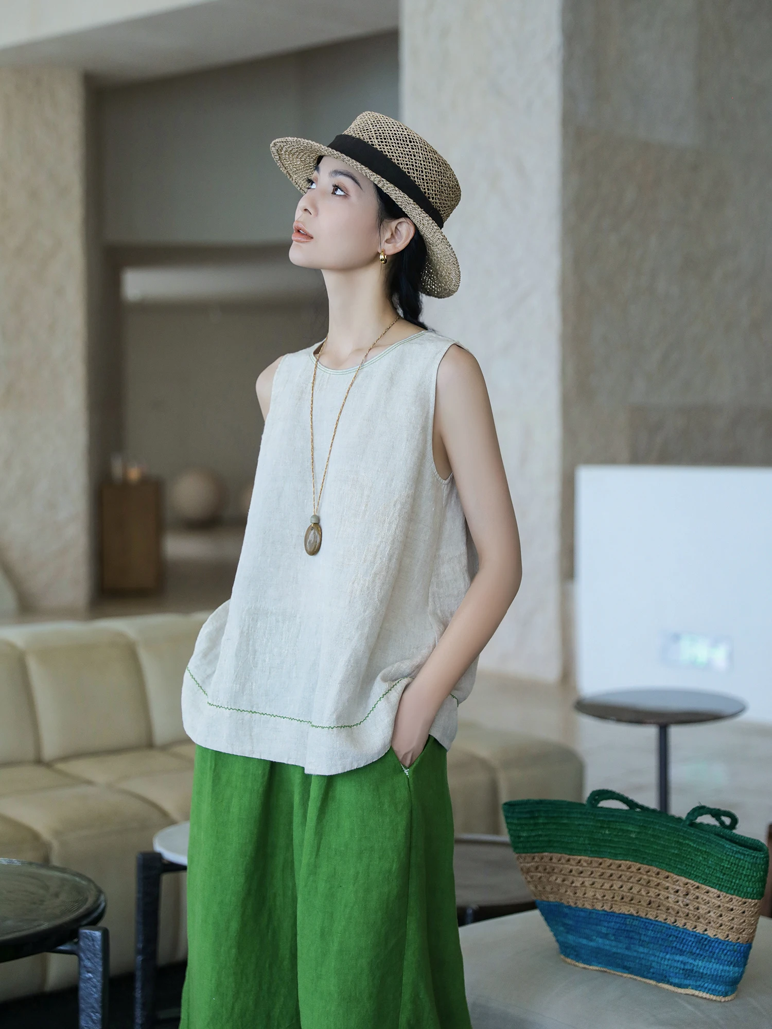 

Комплект из 4 предметов: повседневный топ-жилет из льна с вышивкой в виде капель дождя, свободный крой, стандартная длина, для повседневной носки