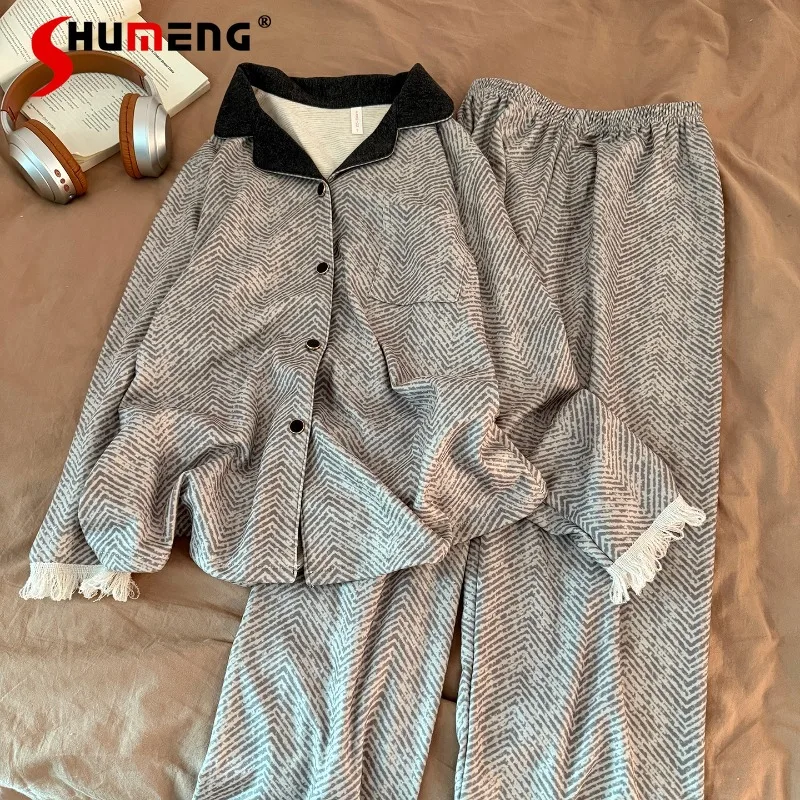 

High End Pajamas Set for Women New Autumn Winter Thickened Warm Sleep Wear Female Loose Tassel Pure Cotton Homewear Suit