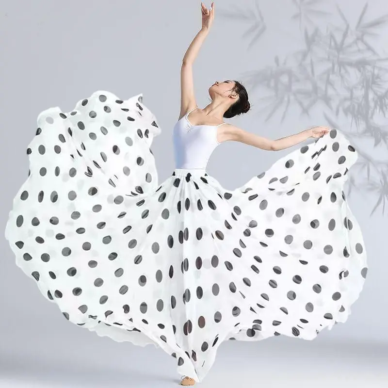 

360-720 Degree Classical Dance High-waisted Skirt Flamenco Dance Clothing Polka Dot Print Skirt Dance Stage Performance Outfit