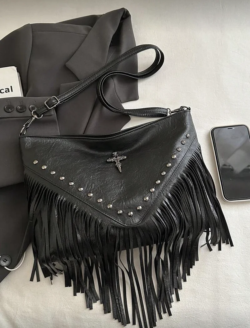 Fashionable Retro Leather Crossbody Bag, Bohemian Style Shoulder Bag, Square Wallet with Tassel and Rivet Cross Decoration, for Casual Travel and Daily Use, Portable Business Work Backpack, Crossbody Bag, Hobo Style Tassel Crossbody Wallet, Small Handbag view 4