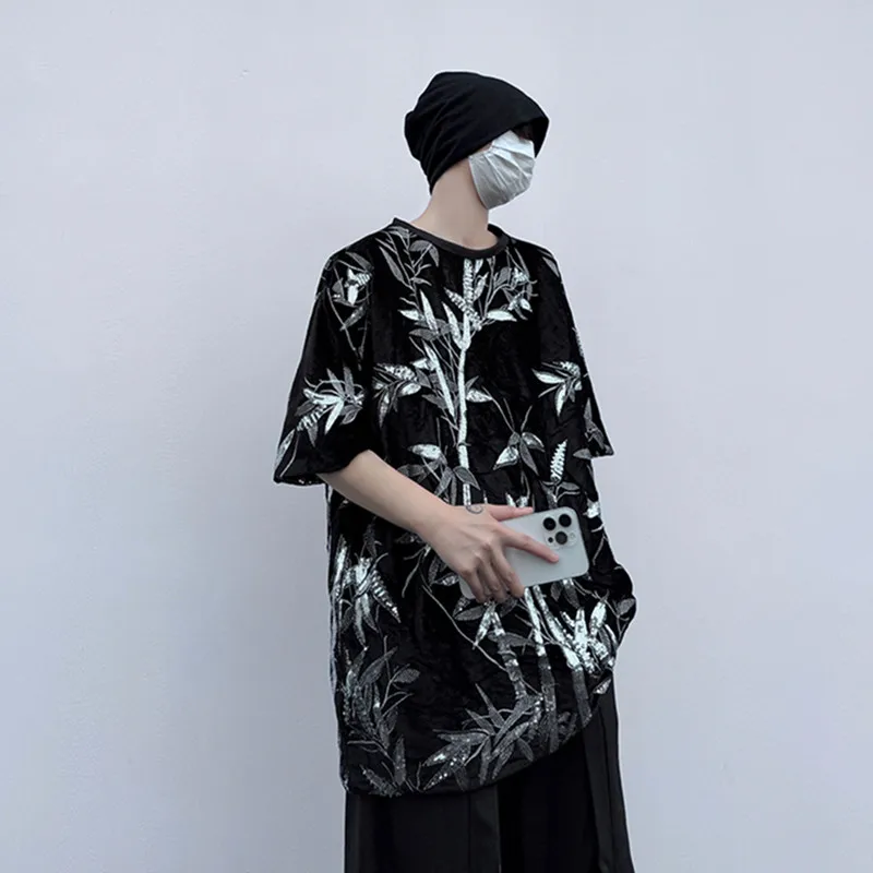 Men's Velvet Sequins Embroidery T-shirts Black Casual Short Sleeve Loose Pullover Hip Hop Street Dance Tees Shirts Stage Costume