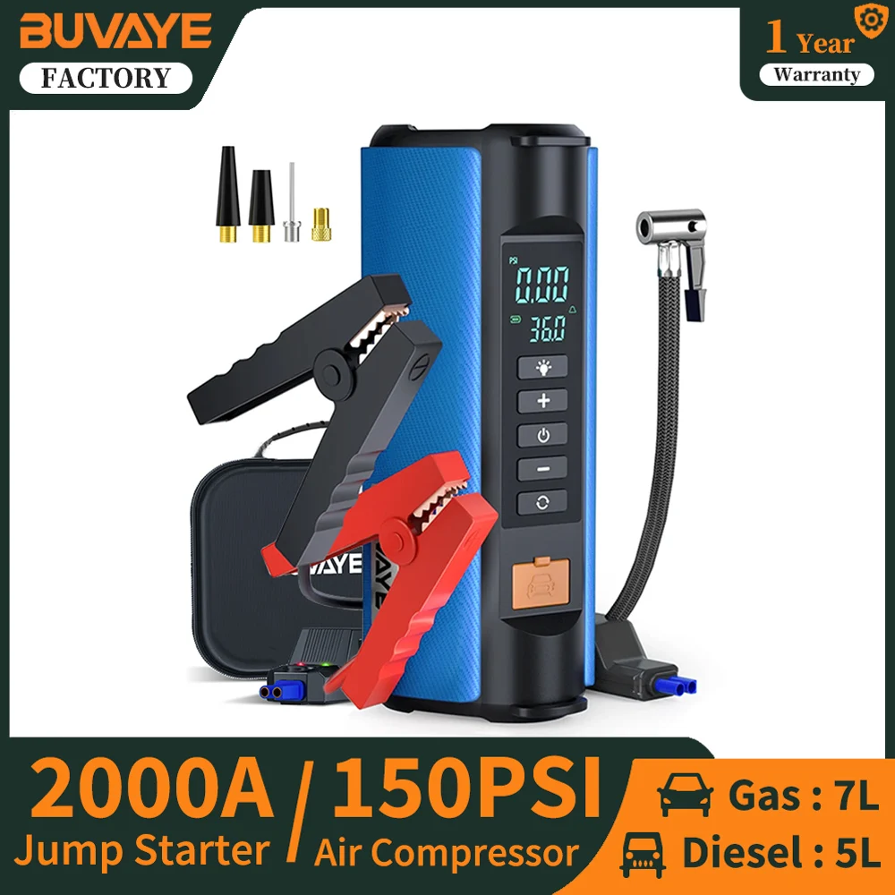 BUVAYE Jump Starter Air Compressor With LED Lamp Power Bank 2000A Car Starter Device Portable 150PSI Air Pump For Tire Bike Ball