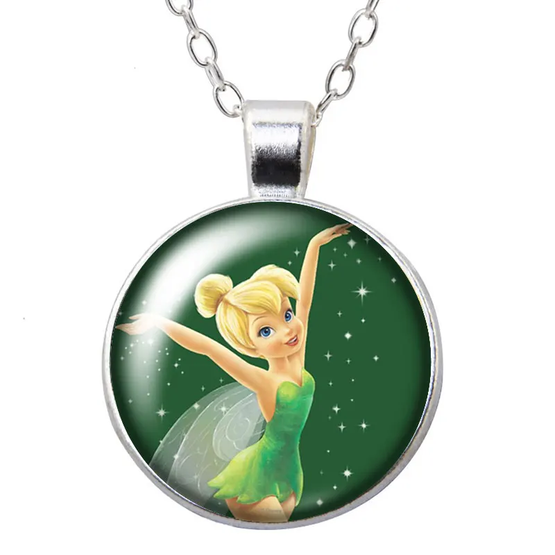 Disney Princess Tinker Bell Spirit Cute Cartoon Round Photo Glass cabochon silver plated pendant necklace jewelry Gift