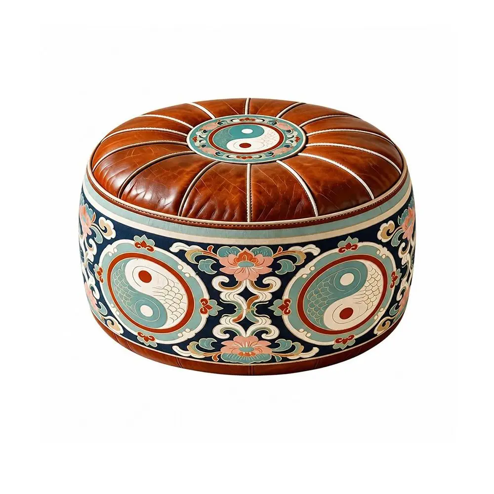 New PU Leather Fillable Ottoman Pouf Round Shape Moroccan Style Storage Ottoman Embroidered Pattern Floor Seat Cushion Home Use