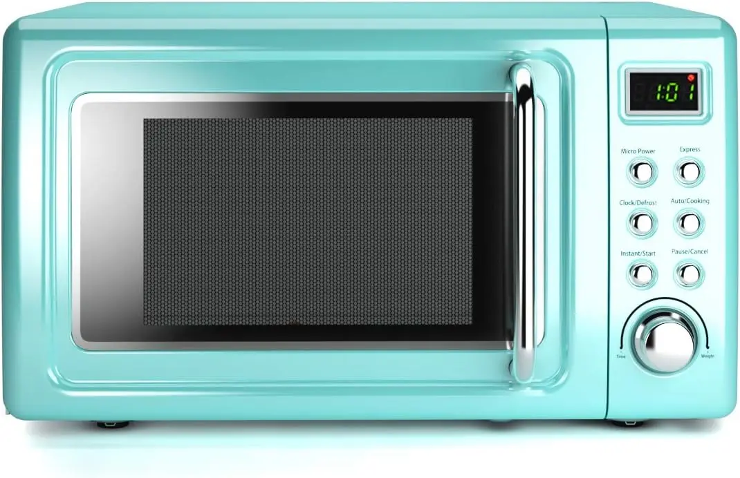 Retro Microwave Oven, 0.7 Cu. Ft. Capacity, 700 Watts, Cold Rolled Steel Body, Programmable Timer, Glass Turntable, Pre-Programm