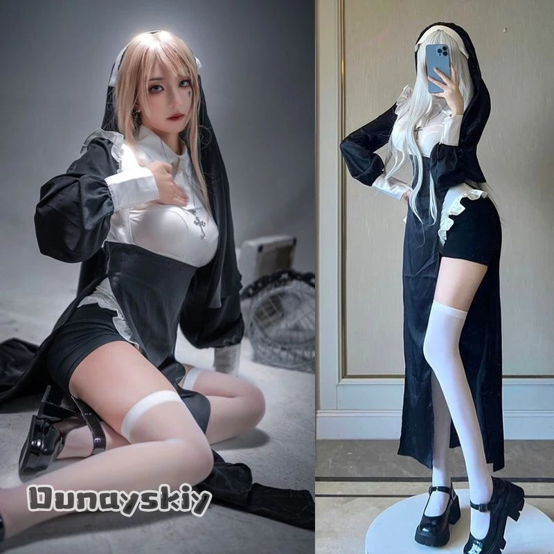 Disfraz de monja para Halloween, disfraz Sexy de monja en blanco y negro, uniformes ajustados, traje de juego de rol de Halloween, vestido de monja para adulto para mujer
