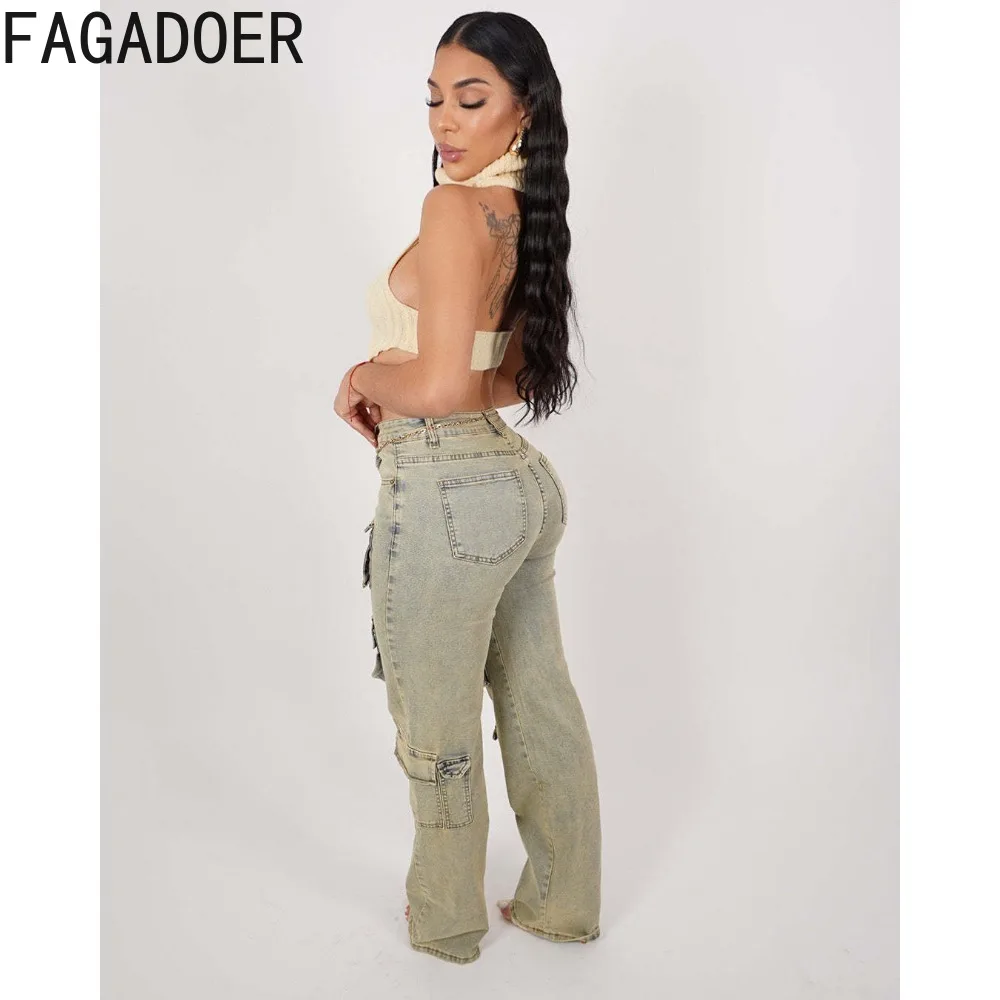 FAGADOER Retro Denim Fashion Pocket Cargo Pants Women High Waisted Button Zipper Jean Trousers Casual Female Cowboy Bottoms 2024