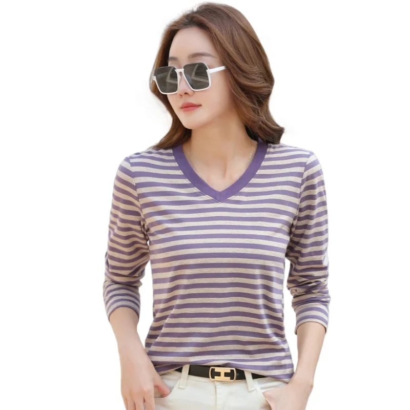 

Spring Autumn Women's Striped Long Sleeve Striped T-shirt Slim Bottoming Shirt Contrasting Color Retro Striped V-neck T-shirt