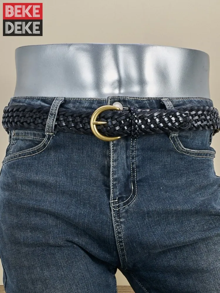 Ceinture en cuir de vachette véritable pour hommes, tissée, ronde, broche en cuivre, sangle pour jeans, unisexe, vintage, largeur 3.5cm, mode