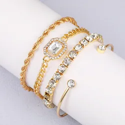 4Pcs/Set Rhinestone Decor Twisted Bangle Fashion Hollow Chain Layered Hand Geometry Simple Open Bracelet For Women Birthday Gift