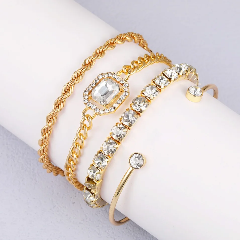 4Pcs/Set Rhinestone Decor Twisted Bangle Fashion Hollow Chain Layered Hand Geometry Simple Open Bracelet For Women Birthday Gift