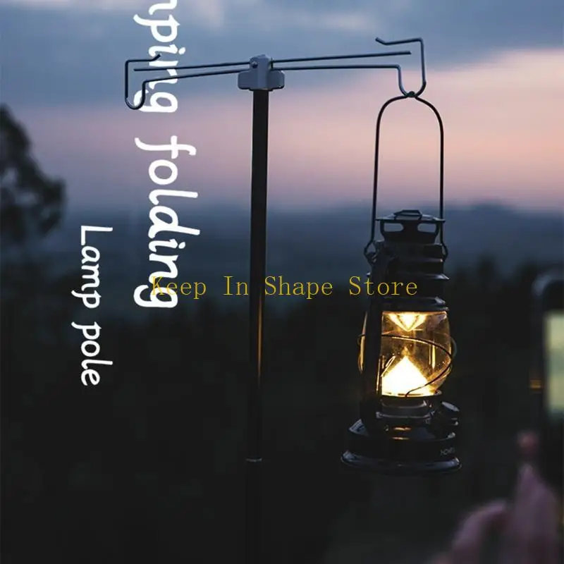 U1JC 166cm Camping Light Rod Protable Folding Aluminum Alloy Double Hanging Hook with Stake Outdoor Camping Lamp Stand Holder