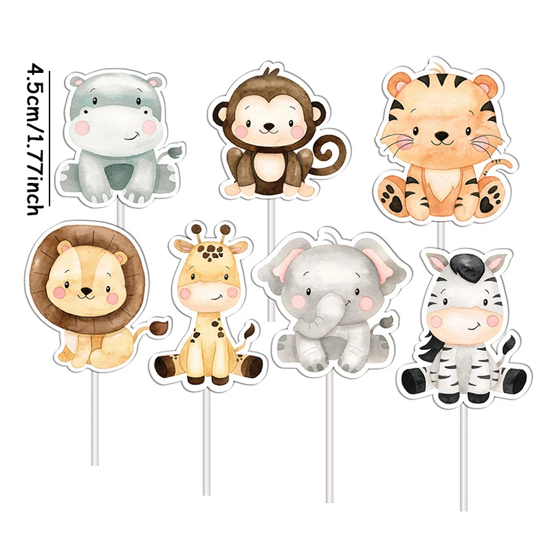 7/14Pc Cartoon Animal Theme Paper Cup Cake Sticker Decoration Jungle Animal Cake Cartoon Decoration Birthday Party Cake Supplies