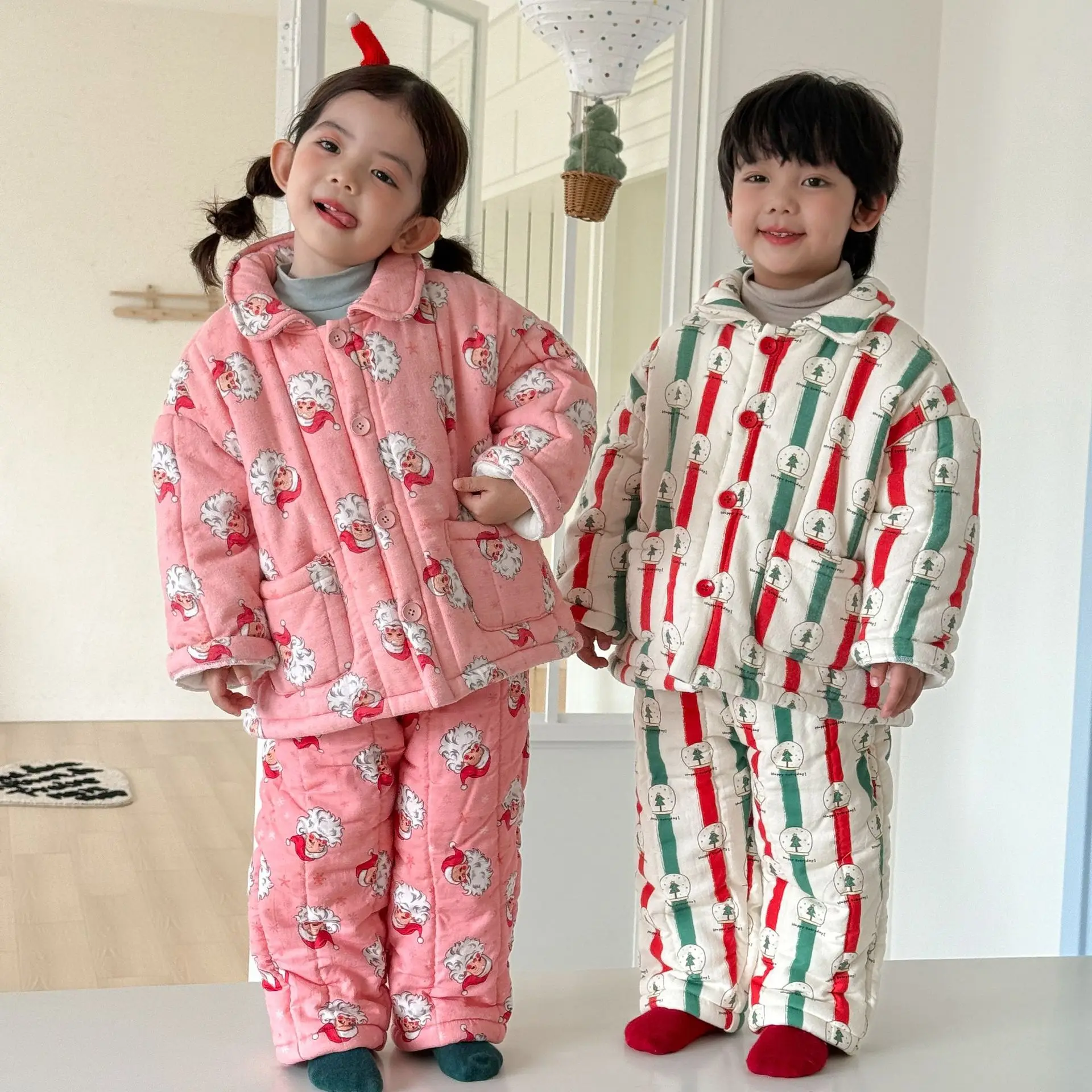 2026 Winter New Children Home Clothes Set Plus Velvet Thick Boys Girls Quilted Pajamas 2pcs Suit Kids Warm Christmas Outfits