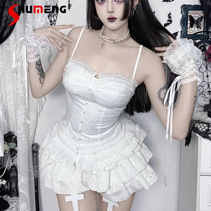 

French Style Sweet Cute White Lace Camisole Sexy Hot Girl Outfit Streetwear Subculture Top Slings High-waisted Mini Skirts Women