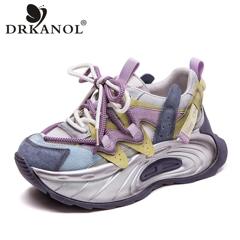 

DRKANOL 2024 Summer Casual Sneakers Women Breathable Mesh Shoes Mixed Colors Lace-Up Thick Sole Platform Sneakers Lady Dad Shoes