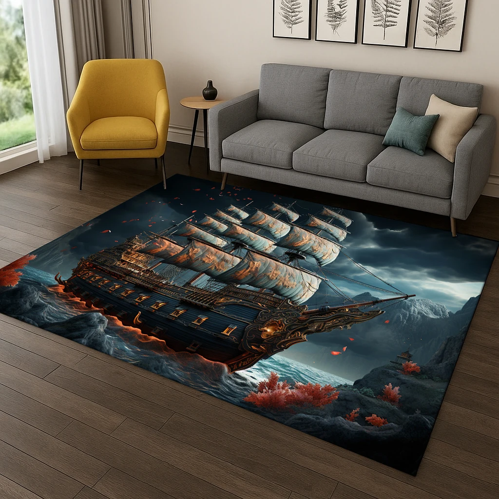 

Pirate Ship Barque Cartoon Area Rug, Non-Slip Floor Mat for Kids Bedroom & Living Room, Play Adventure Carpet – Home Decor