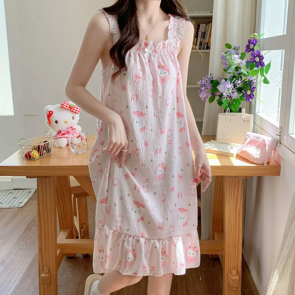 

Sanrio Hello Kitty Cotton Pajamas Dress Summer Night Dress Sleeveless Slip Dress Sleepwear Kawaii Cartoon Night Skirt Home Wear