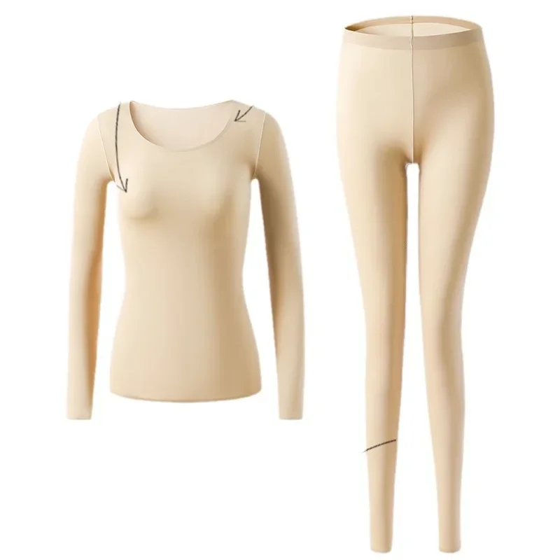 Women Thermal Underwear Set Lightweight Seamless Long Sleeve Top with Brassiere Long Johns Lady Winter Warm Sleepwear Pajamas