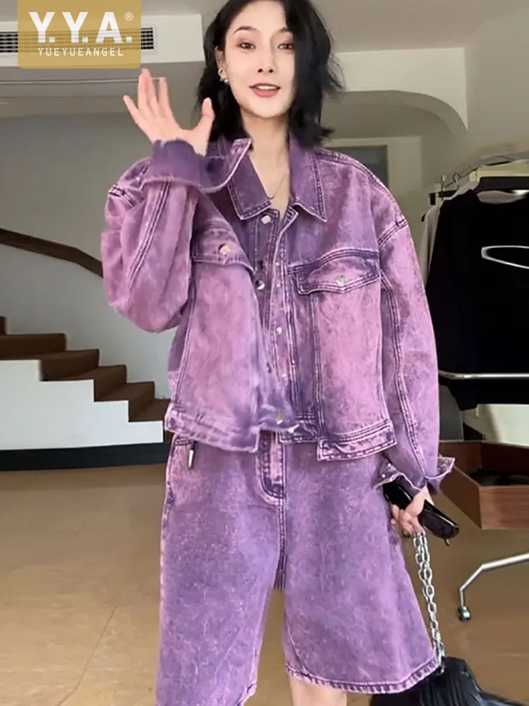Fashion Female Purple Workwear Sets Turndown Collar Long Sleeve Denim Jacket Two-Piece Set Loose Fit Knee Length Shorts Outfits