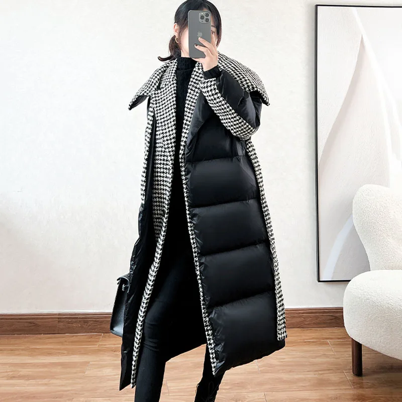 New Womens Black Plaid Splicing Down Jacket Long Parker Overcoat Winter Cold Coat Female False Two 90% White Duck Down Outerwear