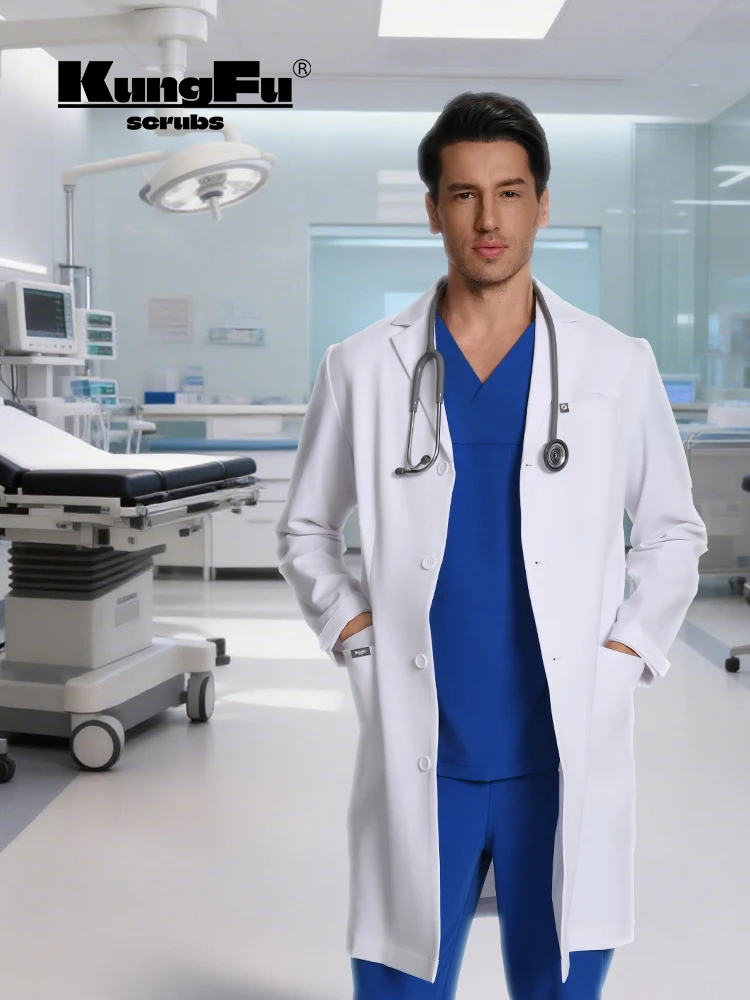 Camice Medico KUNGFU SCRUBS per Uomo, Camici da Laboratorio a Maniche Lunghe, Abbigliamento da Lavoro Medico Monopetto per Laboratori, Ospedali e Cliniche