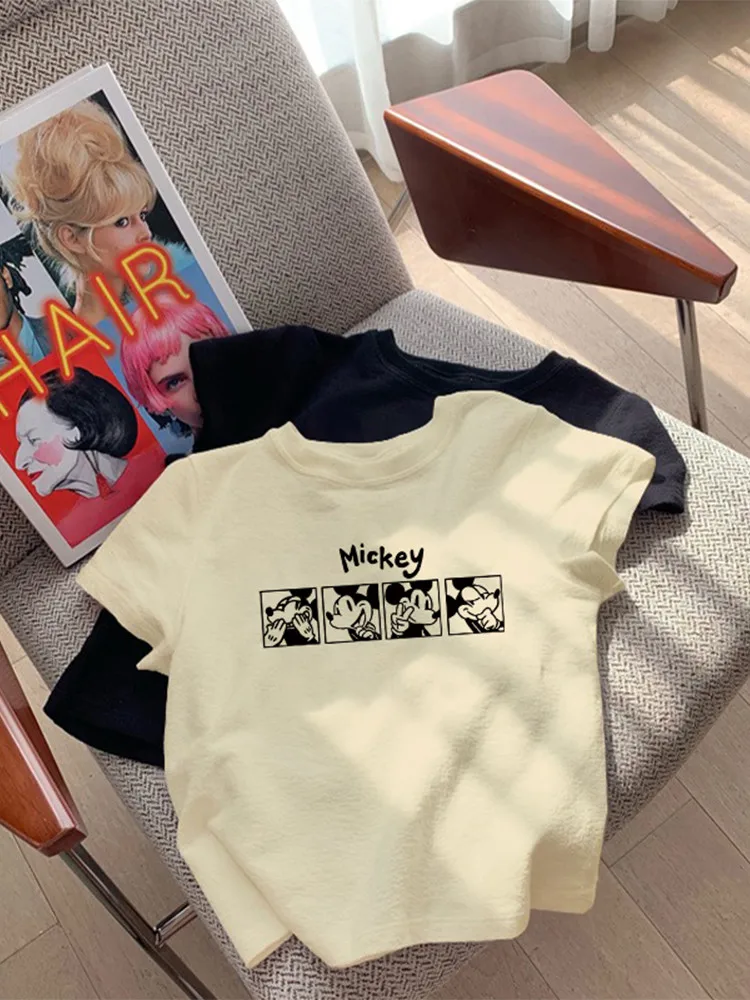 

Американская ретро-футболка из мягкого чистого хлопка с коротким рукавом, женская летняя футболка с принтом, укороченный топ в корейском стиле для повседневной носки