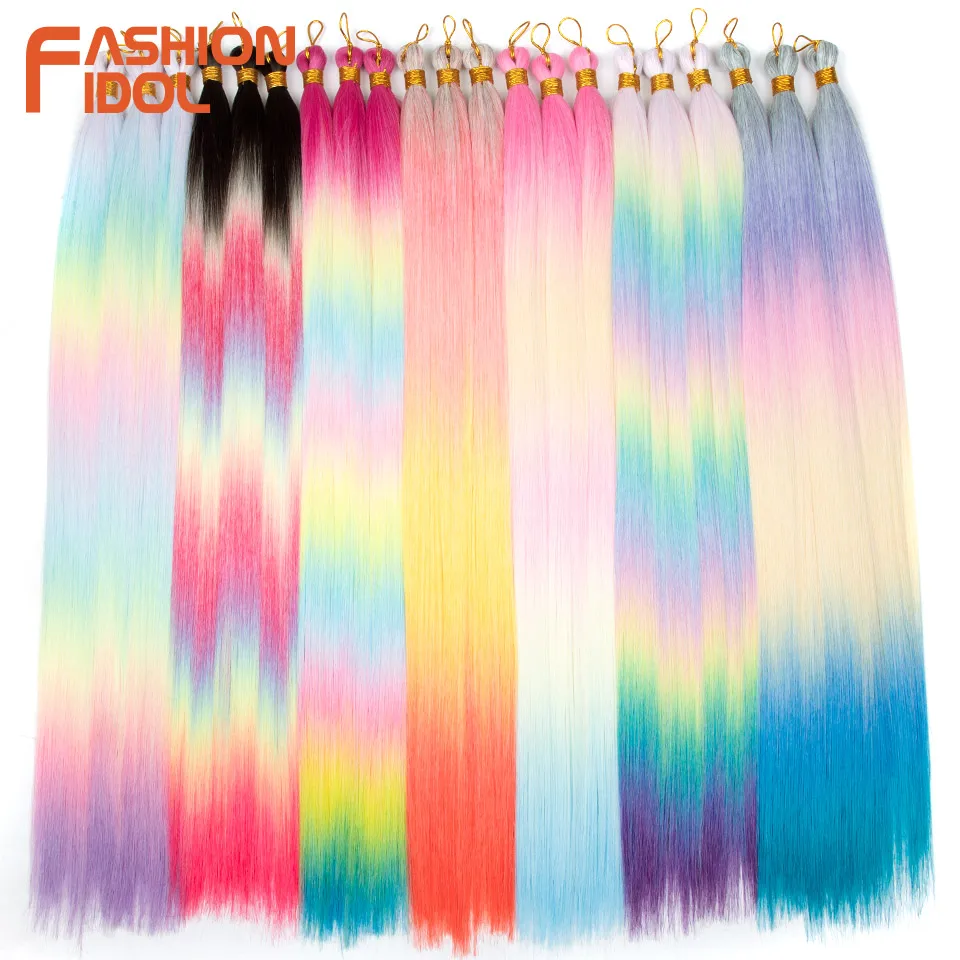 FASHION IDOL 28 polegadas 300g/3 peças Pacotes de Cabelo Liso Sintético para Crochê Tranças Ombré Arco-Íris Extensões de Cabelo