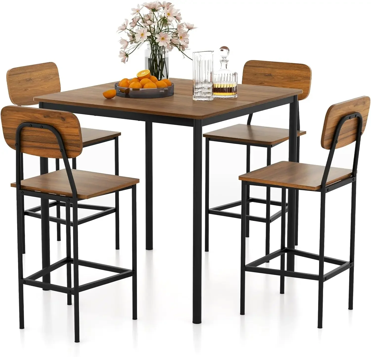 Dining Table Set for Small Space, Kitchen Table and Chairs Set for 4 with Steel Frame, Square Breakfast Table Set, Industrial Co