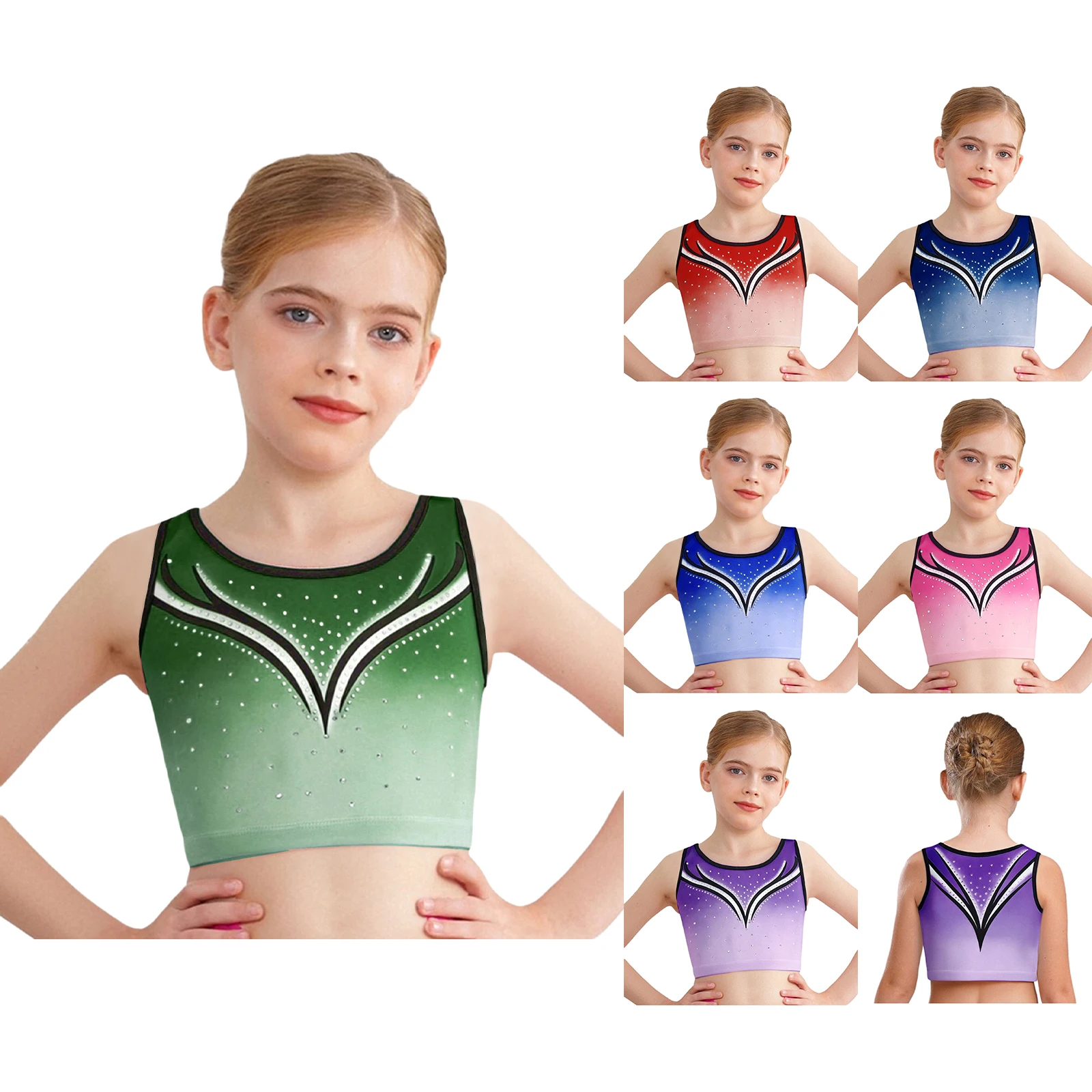 Débardeur de danse de gymnastique pour enfants filles, vêtements de sport, sans manches, strass scintillants, dégradé, haut court, gilet, Costumes de danse de Ballet