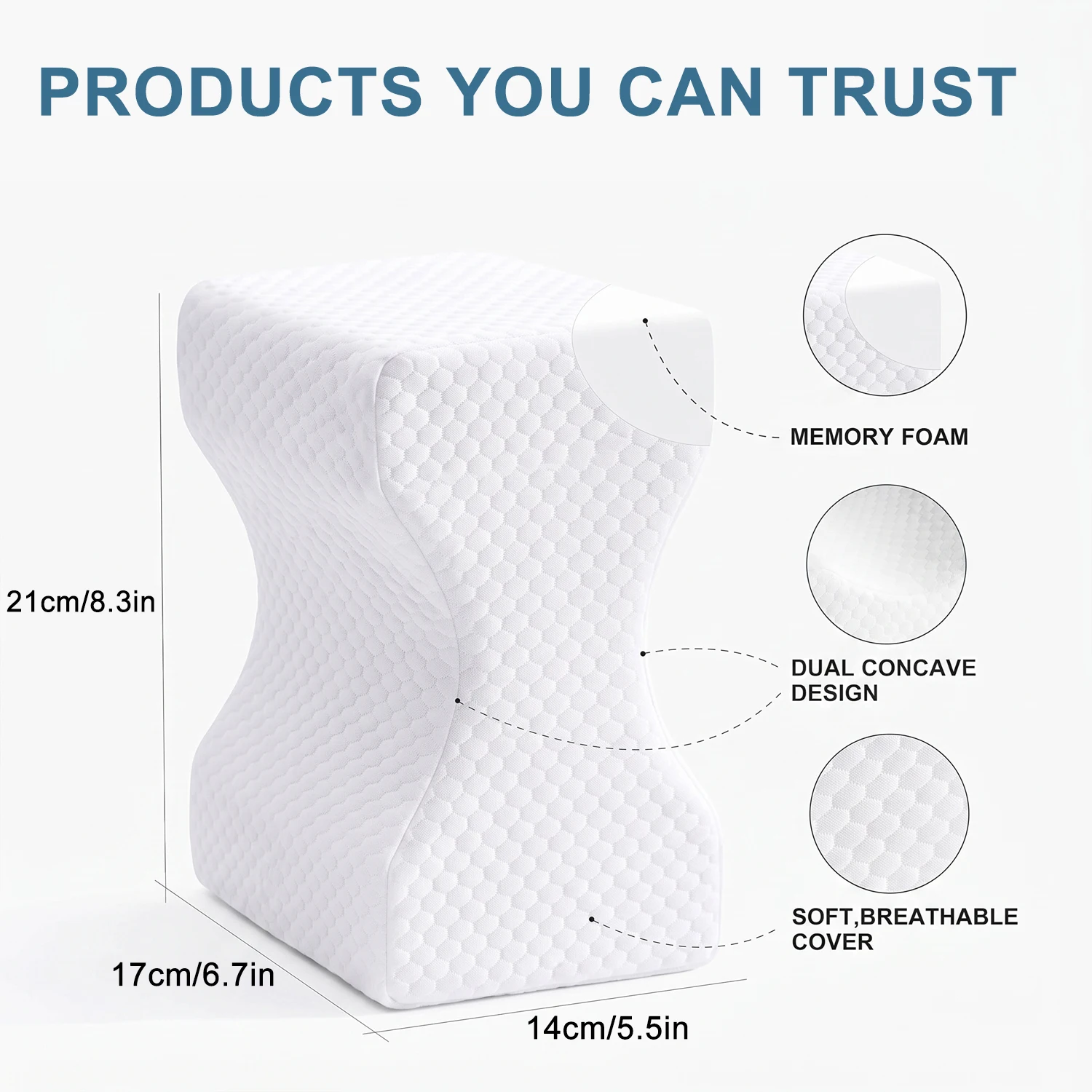 Knee Pillow for Side Sleepers, Leg Pillow Between Legs for Sleeping, Spine Alignment Support Cushion for Hip Knee Comfort, White