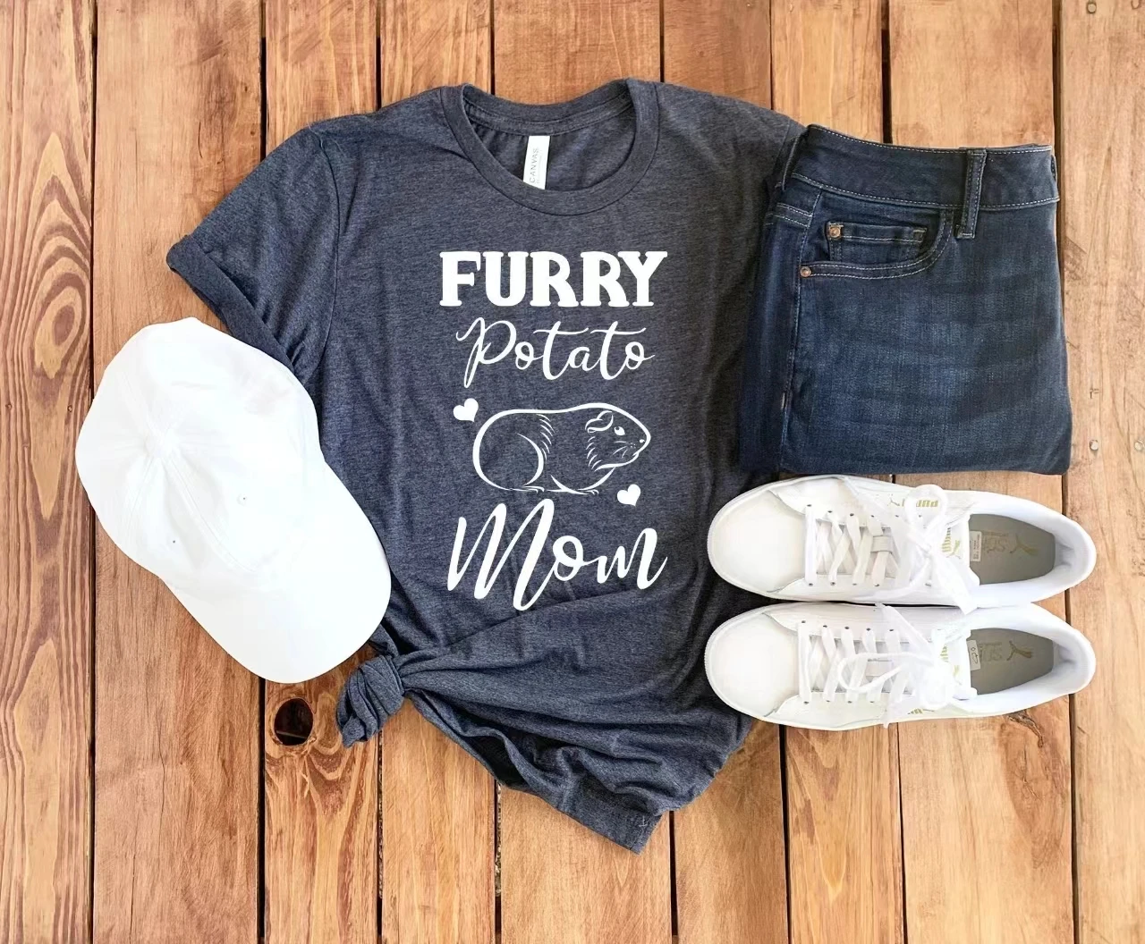 Furry Potato Mom Slogan Women T-shirt Cute Cartoon Mouse Print Female Shirt New Trend Mother's Day All Match Casual Girl Tee