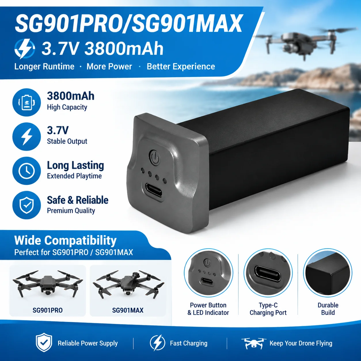 SG901 Pro Max Original Battery 3.7V 3800mAh Suitable for Remote-Controlled Quadcopter SG901 Pro 3.7V 1800mAh Lipo Battery