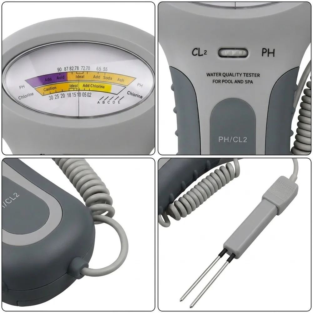 2-in-1 Portable Pool Water Tester for pH and for cl2 Detection with Spiral Probe Extension and Ergonomic Handle Design