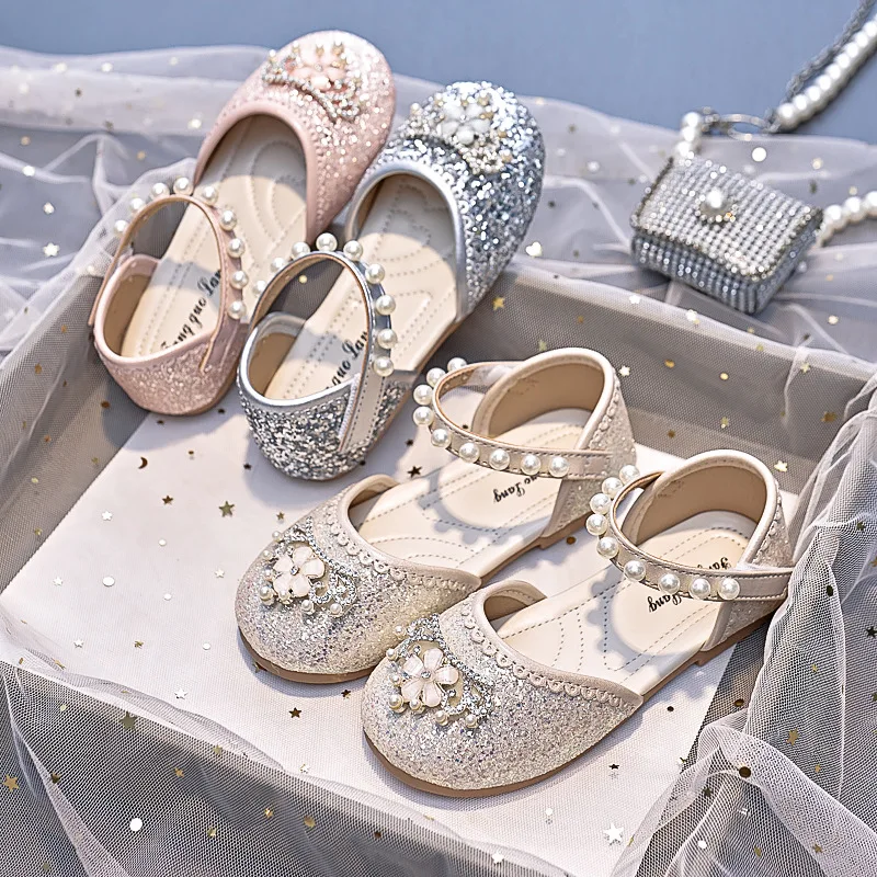 Kids Girls Glitter Floral Pearl Sandals Closed Toe Ankle Strap Anti Slip Soft Sole Toddler Girls Wedding Party Princess Shoes