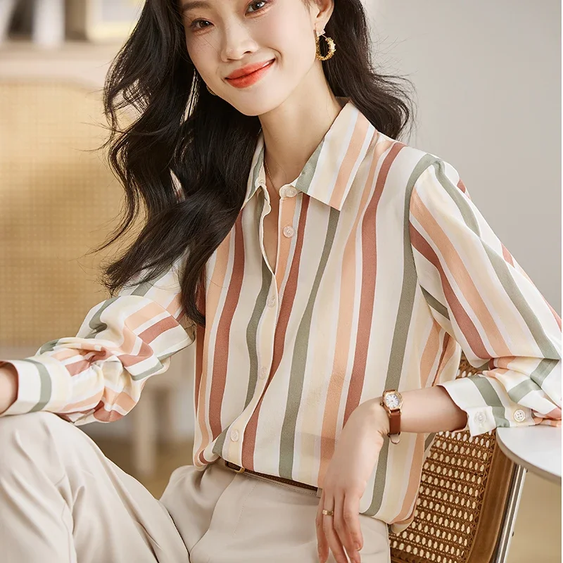 Stripe Blouse Women Long Sleeve Blouses 2024 Spring New OL Women Clothing Vintage Shirts Slim Elegant Korean Fashion Womens Tops