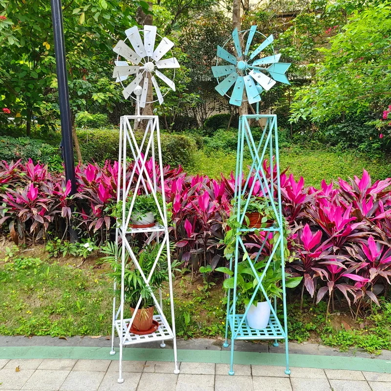 Garden Decoration Wedding Decorations Iron Ornaments Flower Stand Patio Floor Shelves Rotating Windmill Home Outdoor Yard Decor