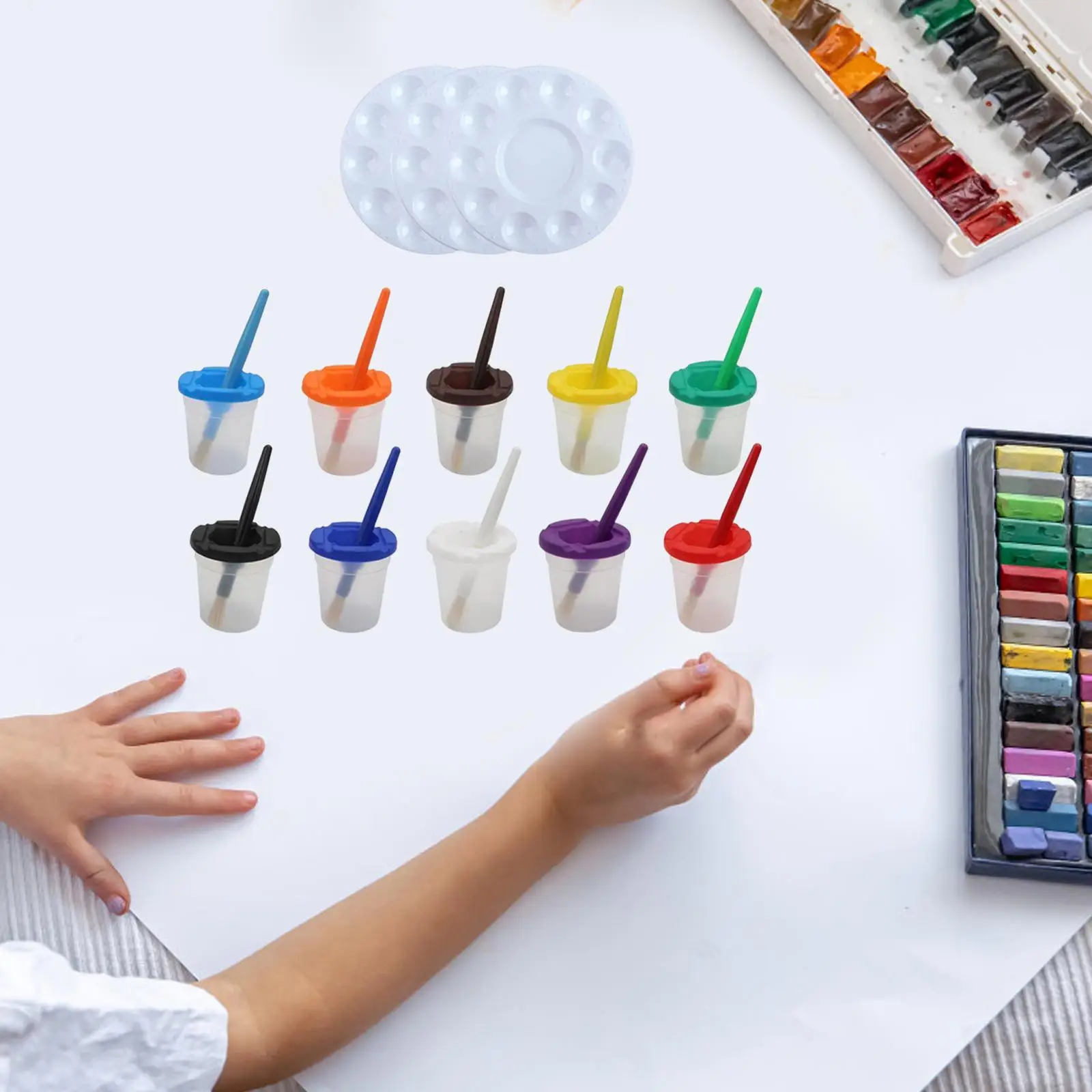 23個のペイントカップとペイントブラシ、子供用描画ツール用の丸いペイントブラシ。