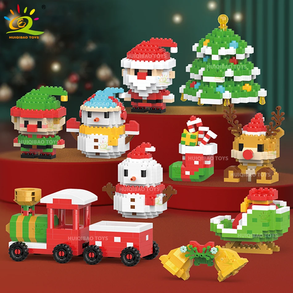 HUIQIBAO MOC Christmas Bell Tree Santa Claus Mirco Building Blocks Ideas Snowman Elk Sled Mini Bricks Toy for Children Xmas Gift