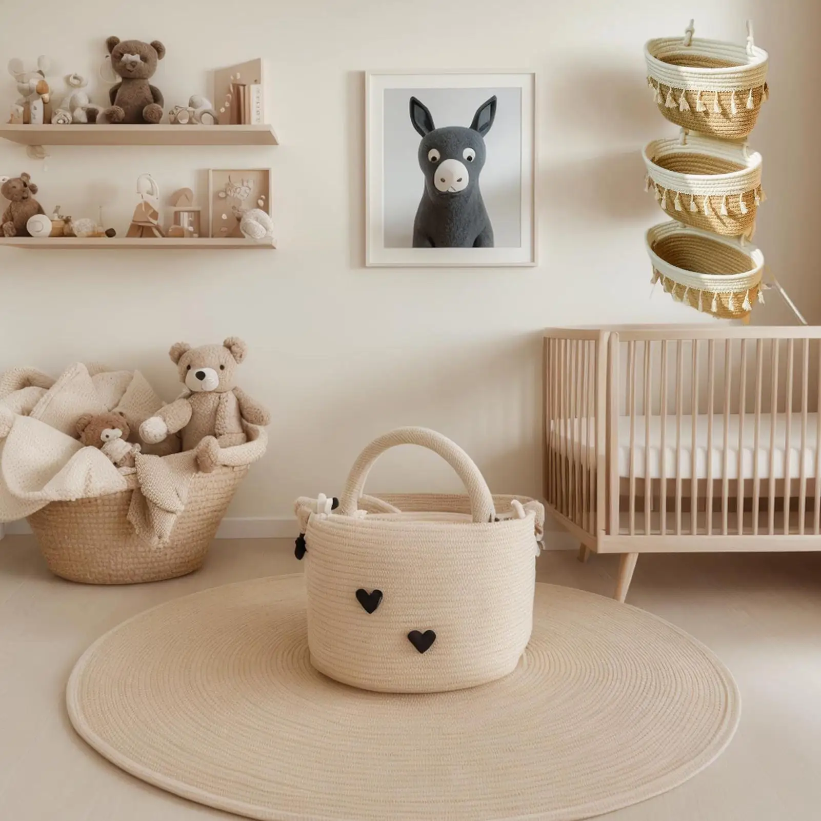 

Over Door Basket Bohemian Wall Mounted Storage Basket Boho Woven Cotton Organizer for Bedroom Dormitory Bathroom Nursery