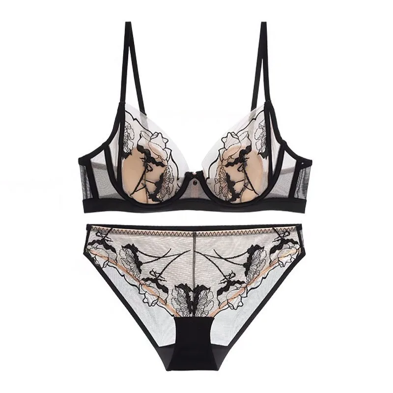 

Sexy Lace Bra Set Women Thin Embroidery Floral Lingerie Female Underwear Briefs Set Daily Bra and Panty Set
